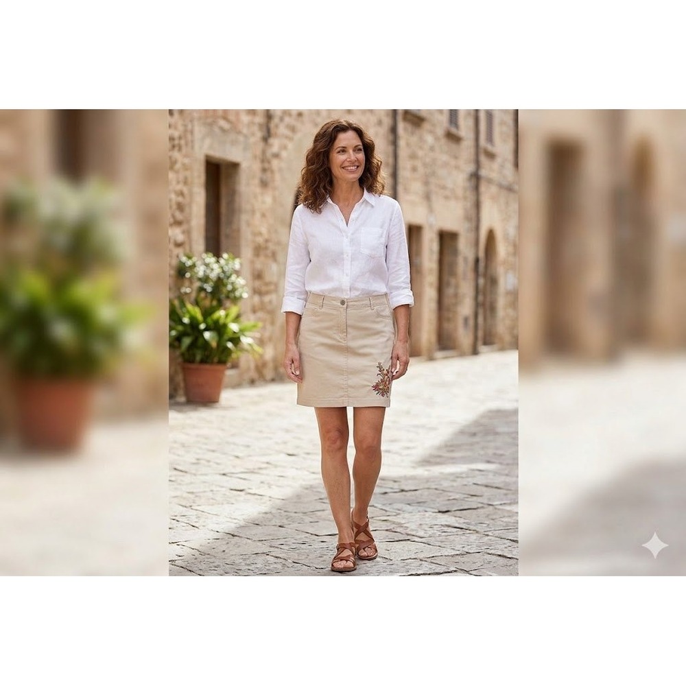 Croft & Barrow Skort Womens 6 Khaki Beige Floral Embroidered Classic Fit Stretch